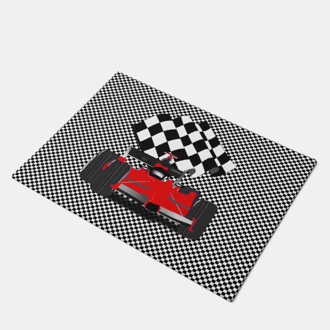 Red Race Car with Checkered Flag Doormat (Angled)