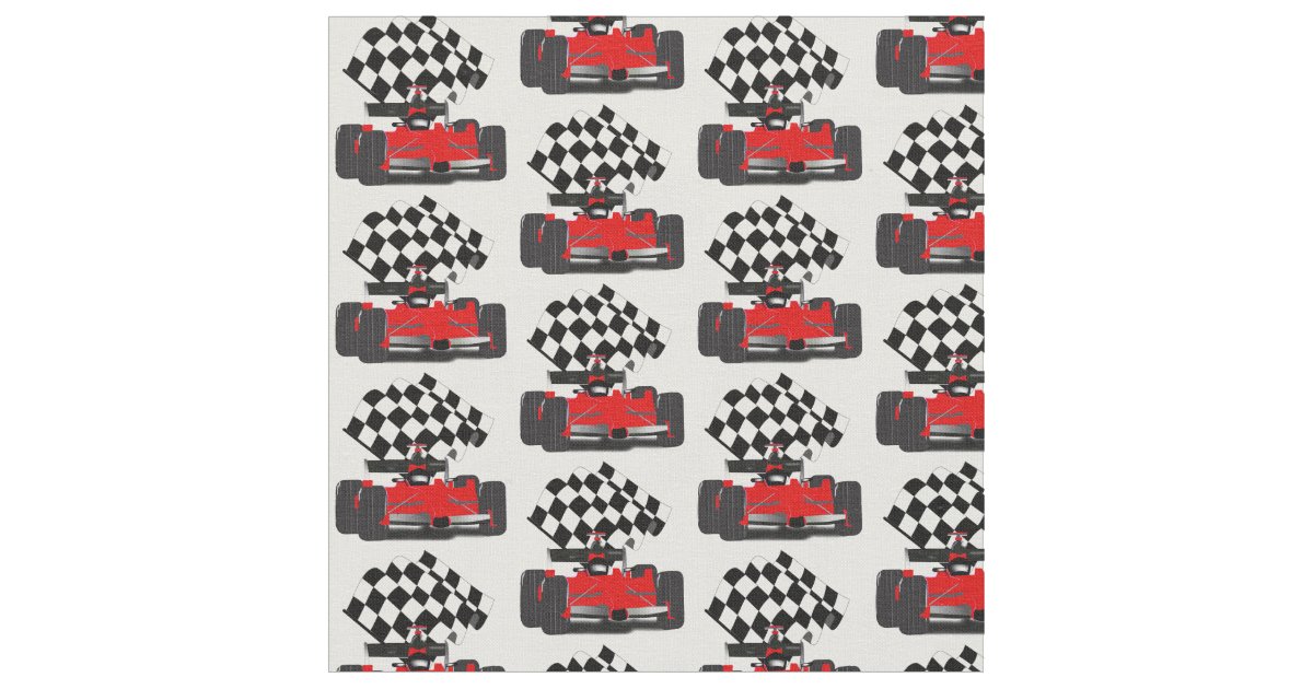 Red Race Car with Checkered Flag Fabric Zazzle