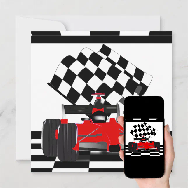 Red Race Car with Checkered Flag Invitation | Zazzle