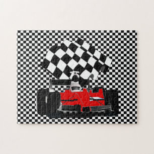 Red Race Car with Checkered Flag Jigsaw Puzzle