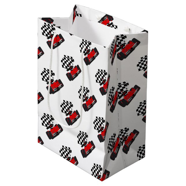 Red Race Car with Checkered Flag Medium Gift Bag (Front Angled)