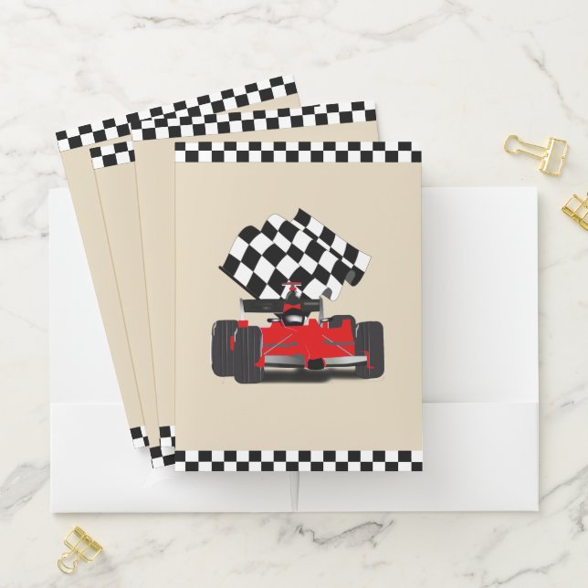 Red Race Car With Checkered Flag Pocket Folder (In Situ)