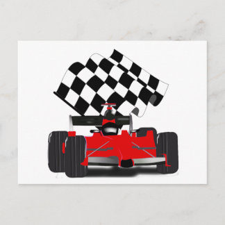 Red Race Car with Checkered Flag Postcard