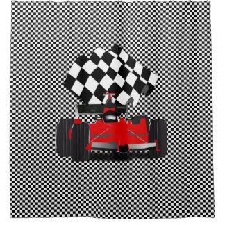 Red Race Car with Checkered Flag Shower Curtain