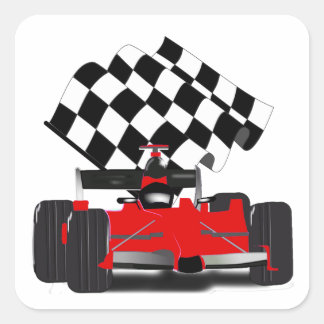 Red Race Car with Checkered Flag Square Sticker