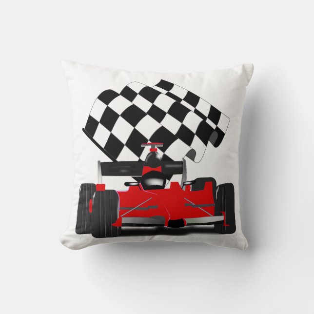 Red Race Car with Checkered Flag Throw Pillow (Front)