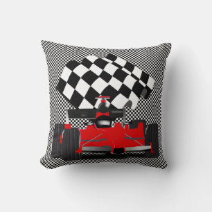Red Race Car with Checkered Flag Throw Pillow