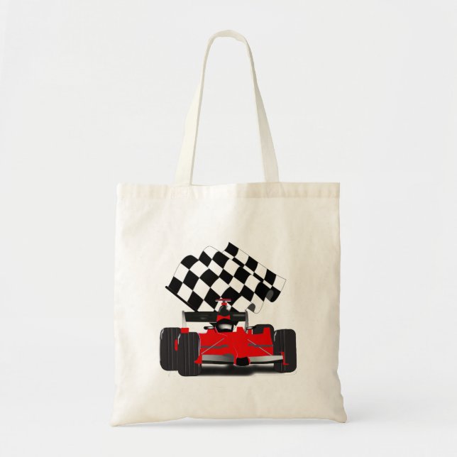 Red Race Car with Checkered Flag Tote Bag (Front)