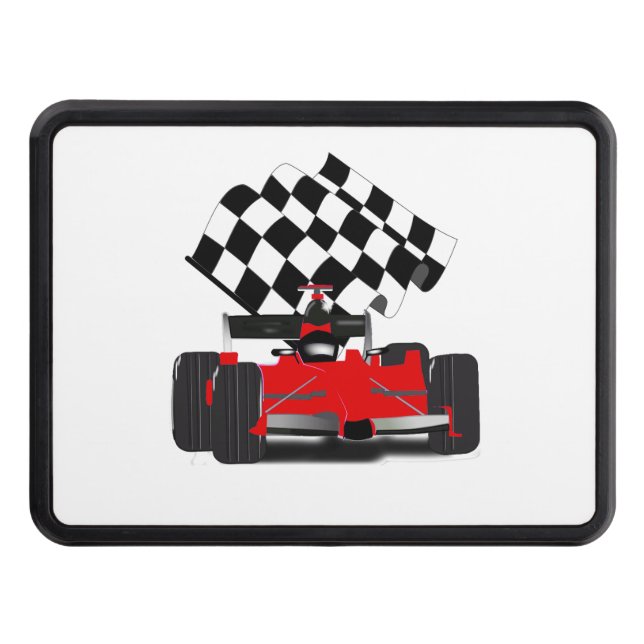 Red Race Car with Checkered Flag Tow Hitch Cover (Front)