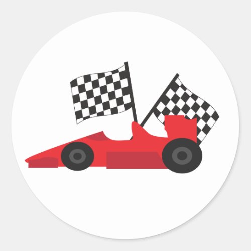 Red Race car with Checkered Flags Classic Round Sticker