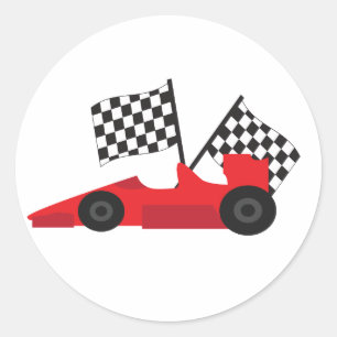 Red Race car with Checkered Flags Classic Round Sticker