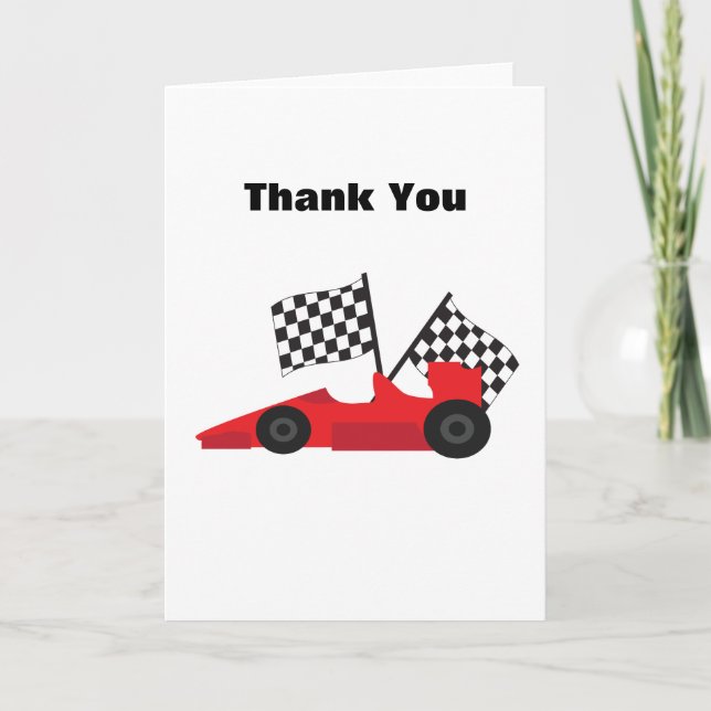 Red Race car with Checkered Flags Letterpress Thank You Card (Front)