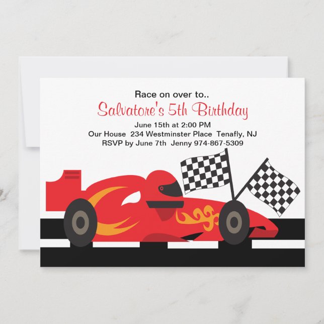 Red Race Car with Flames Boys Birthday Invitation (Front)