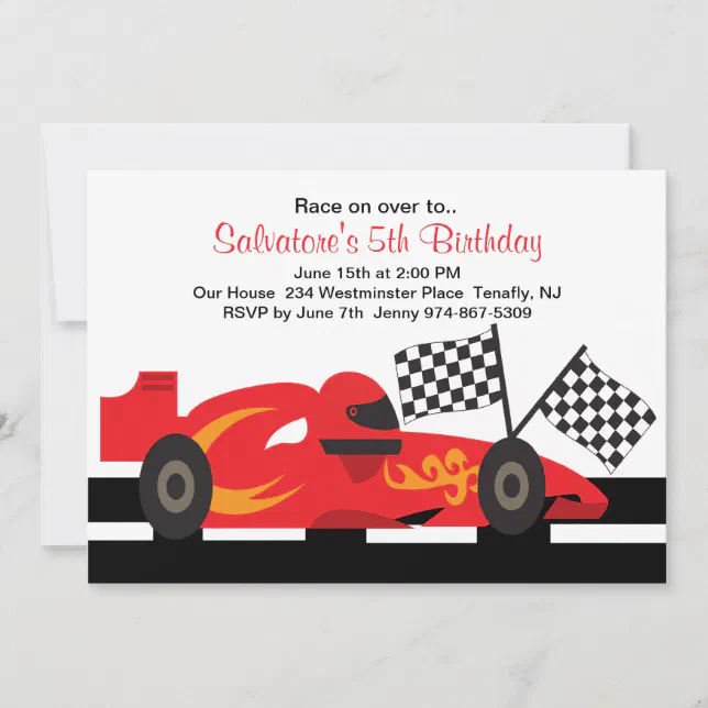 Red Race Car with Flames Boys Birthday Invitation | Zazzle