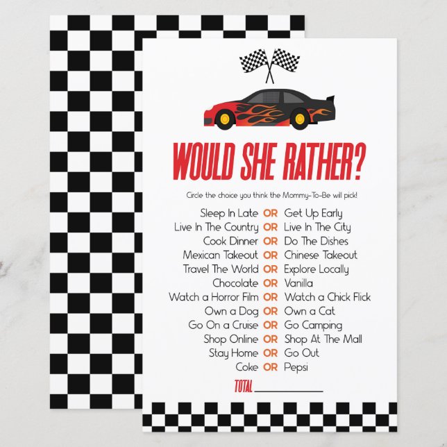 Red Race Car Would She Rather Baby Shower Game (Front/Back)