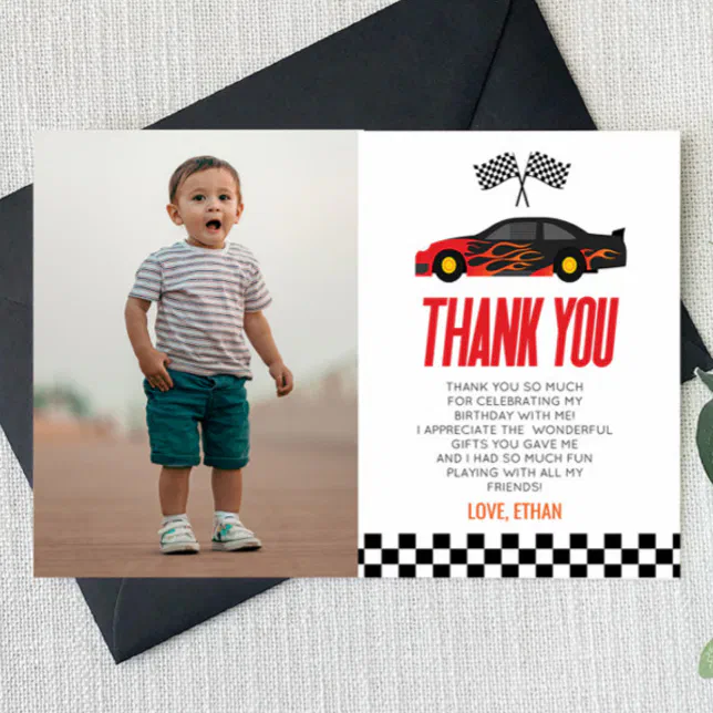 Thank You Racers Red Racecar Race Car Custom Photo Birthday Party Thank You Card | Zazzle