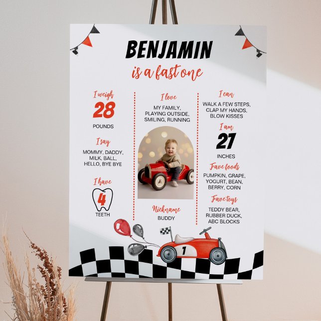 Red Racing Car 1st Birthday Photo Milestone Poster (Creator Uploaded)