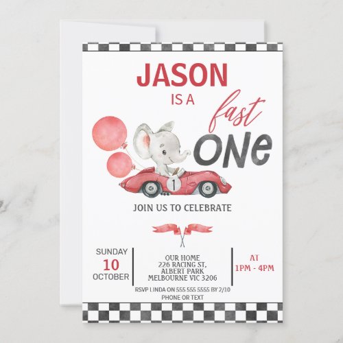 Red Racing Car Balloons Elephant 1st Birthday Invitation