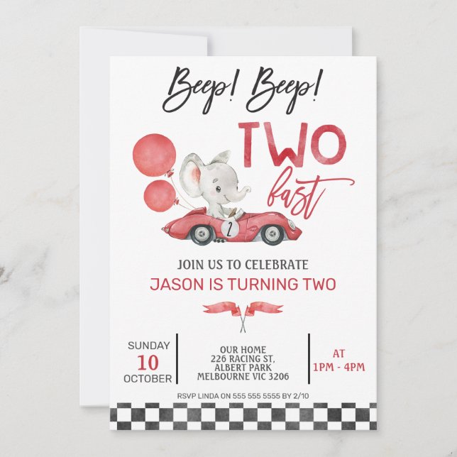 Red Racing Car Balloons Elephant 2nd Birthday Invitation (Front)
