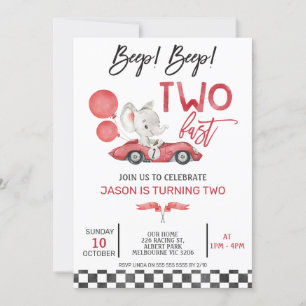 Red Racing Car Balloons Elephant 2nd Birthday Invitation