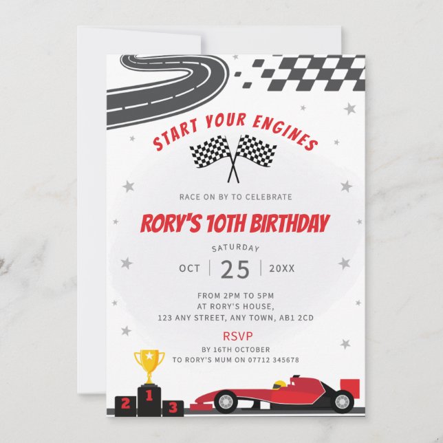 Red Racing Car Birthday Party Invitation  (Front)