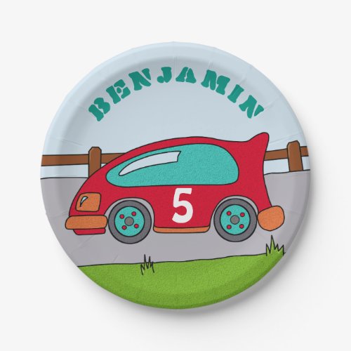 Red Racing Car Birthday Party Paper Plates - This personalizable birthday party paper plate comes with a simple red racing car, driving on a road. The plates have a child`s name and his age on the car. You can personalize it with your name and age, also you can change the font, colour and size of the text.
It`s a perfect party birthday supply for a boy who loves cars.