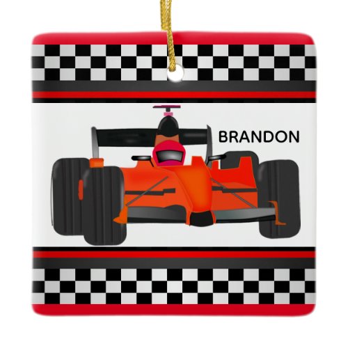 Red Racing Car Checkered Design Square Ornament