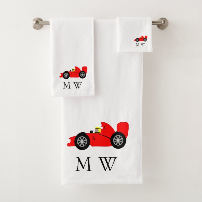 Red Racing Car Design Monogrammed Bath Towel Set (Insitu)