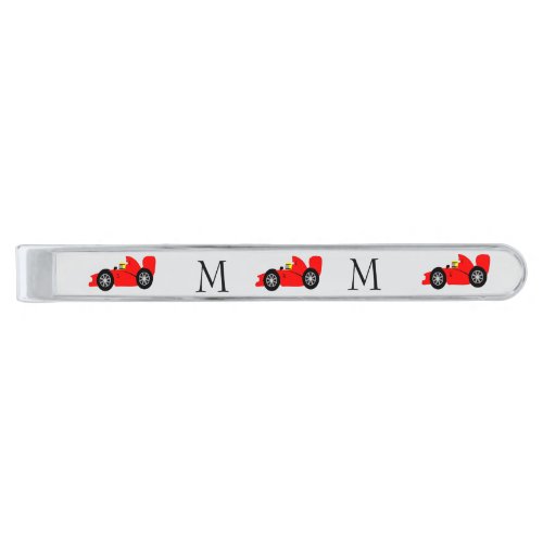 Red Racing Car Design Monogrammed Silver Finish Tie Bar