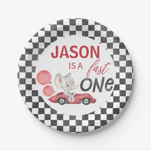 Red Racing Car Elephant 1st Birthday Paper Plates