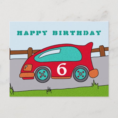 Red Racing Car Happy Birthday Postcard - A racing car Happy birthday postcard. A costumizable and personalizable birthday card. This postcard has a red racing car driving on the road. The car has an age number on it. The racing car makes this great as a happy birthday card for a boy`s birthday greeting.
You can personalize it by changing the age number on the racing car. You can also costumize the text Happy birthday for other occassion.
