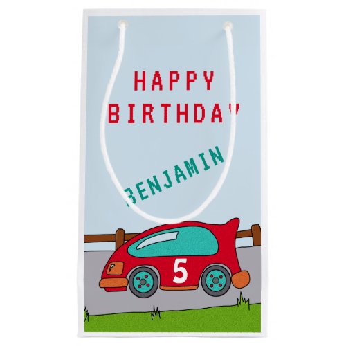 Red Racing Car Happy Birthday Small Gift Bag - This personalizable happy birthday gift bag for children comes with a simple red racing car, driving on a road. The gift bag has a child`s name and the age number on the car. You can personalize it with your name and age, also you can change the font, colour and size of the text.
 It`s a perfect gift bag for a boy` birthday.