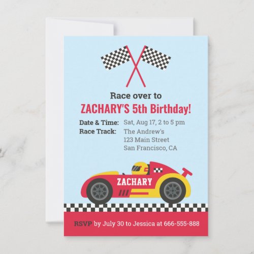 Red Racing Car Kids Birthday Party Invitation