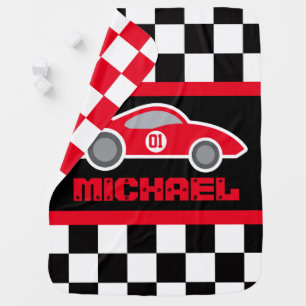 Red racing car name number checkered flag baby blanket