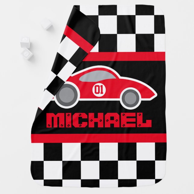 Red racing car name number checkered flag baby blanket (In Situ)