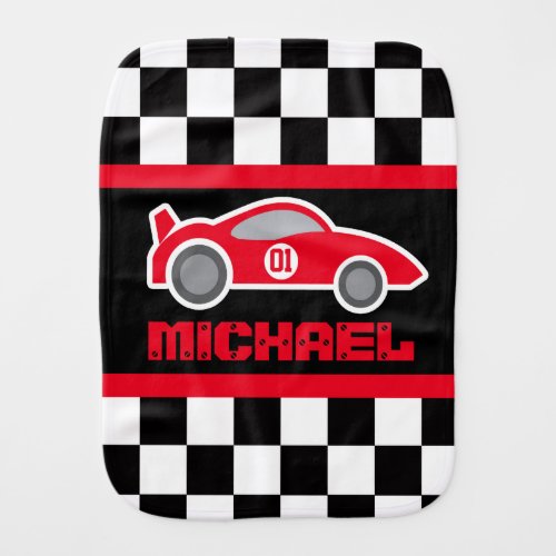 Red racing car name number checkered flag baby burp cloth