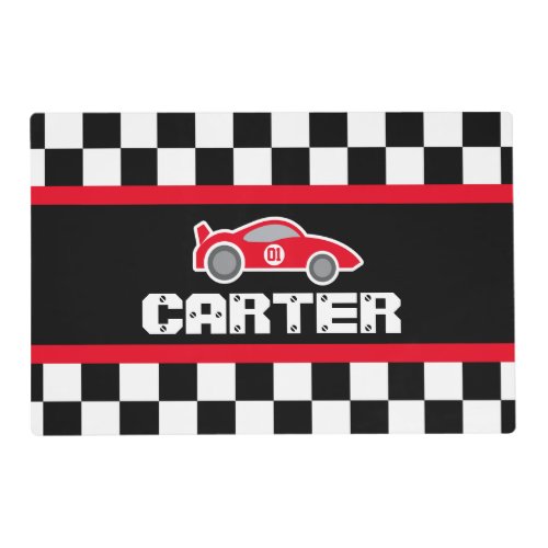Red racing car name number checkered flag placemat