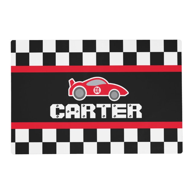 Red racing car name number checkered flag placemat (Front)