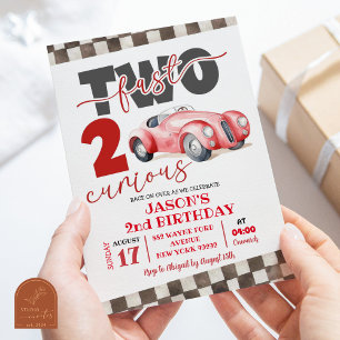 Red Racing Car Two Fast Two Curious 2nd Birthday Invitation