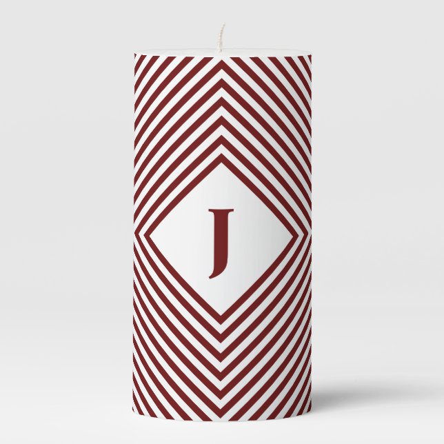 Red Radiating Rhombuses with Central Monogram Pillar Candle (Front)