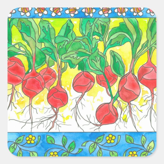 Red Radishes Garden Vegetables Daisy Flowers Square Sticker (Front)
