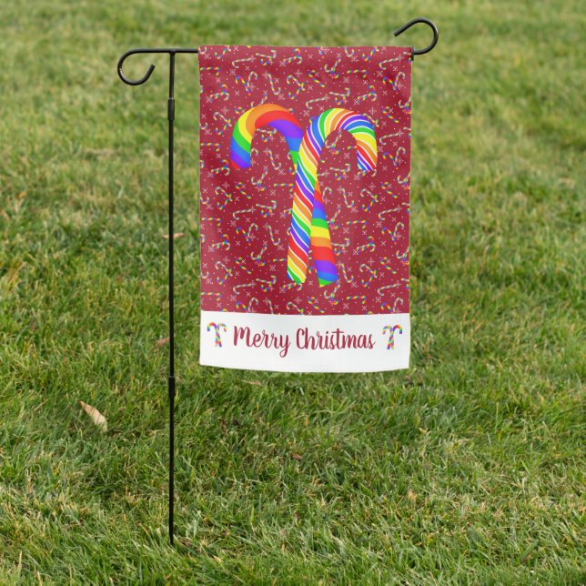 Red Rainbow Candy Canes Pride Christmas Garden Flag (In SItu)