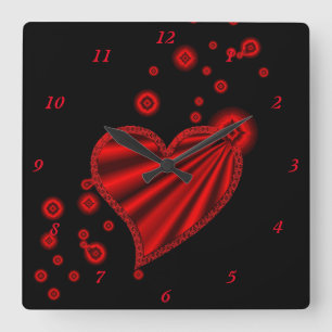 Red Rainbow Heart with Stars on Black Square Wall Clock