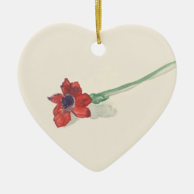 Red ranunculus watercolor ceramic ornament (Front)