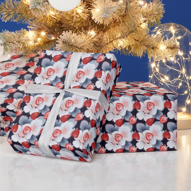 Red Raspberries, Pink Flowers On Navy Blue Wrapping Paper (Holidays)