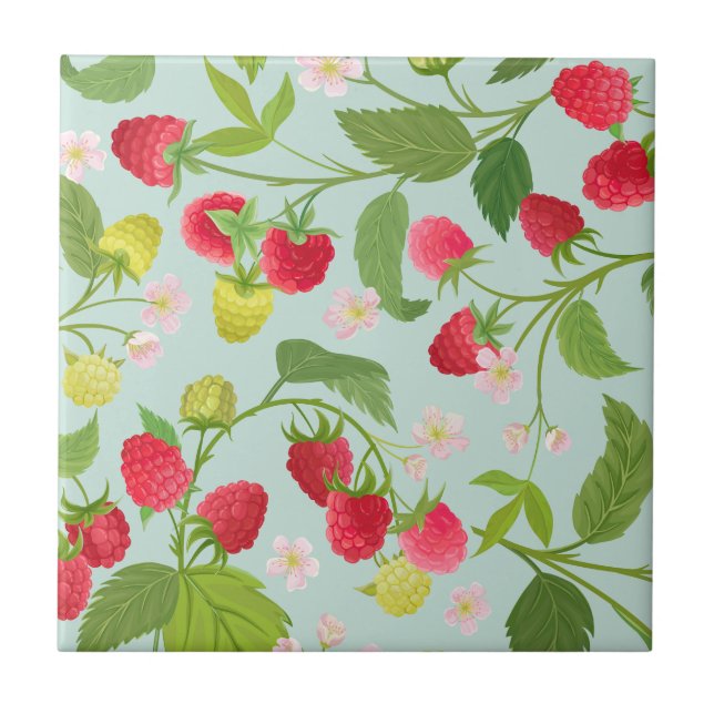 Red Raspberry Fruit, Leaves and Flowers    Ceramic Tile (Front)