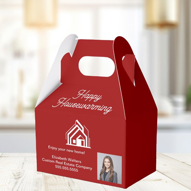 Red Real Estate Business Photo Custom Housewarming Favor Boxes (Creator Uploaded)