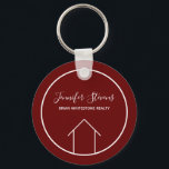 Red Real Estate Company Modern Personalized Realty Keychain<br><div class="desc">This modern realtor keychain is custom made with your realty company name under the the agent name in chic typography. This minimalist burgundy red and white key chain feature a simple line drawing of a house. Contemporary gift for an agent working to help you buy a home.</div>
