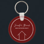 Red Real Estate Company Modern Personalized Realty Keychain<br><div class="desc">This modern realtor keychain is custom made with your realty company name under the the agent name in chic typography. This minimalist burgundy red and white key chain feature a simple line drawing of a house. Contemporary gift for an agent working to help you buy a home.</div>