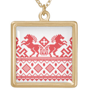 Red rearing horses gold plated necklace